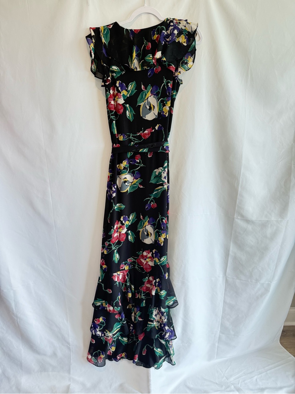 Lauren Ralph Lauren Black Floral Ruffle-Trim Georgette Gown Size 6 - Picture 7 of 14
